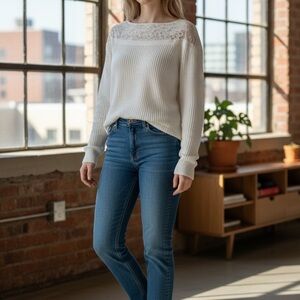 Etcetera White Textured Sweater with Lace Detail